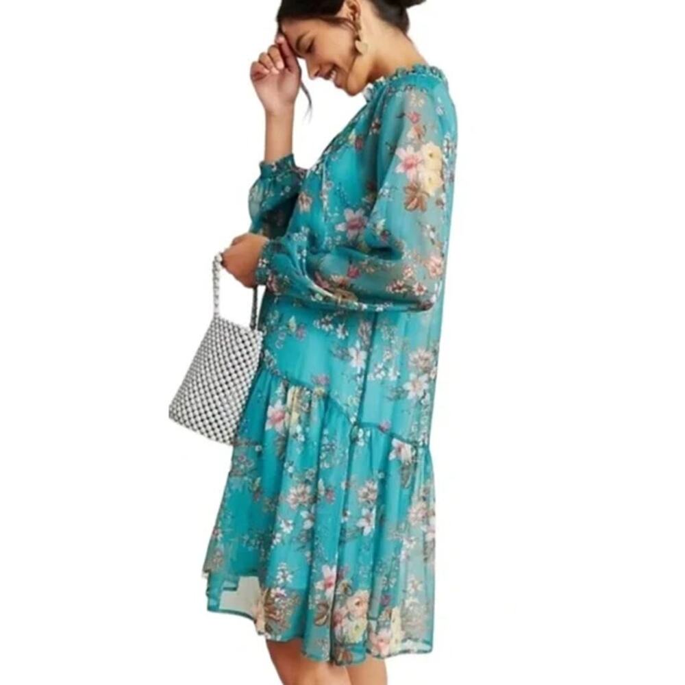 Anthropologie Maeve Emmy Floral Tunic Long Sleeve Sheer Dress Teal Size Small - Picture 3 of 12